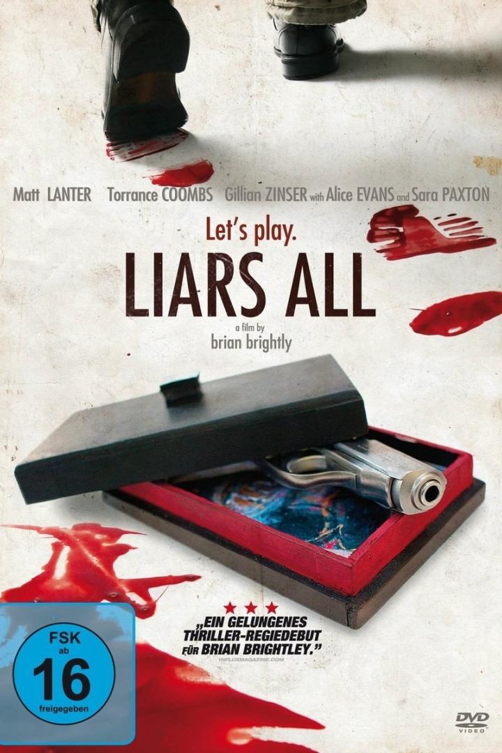 Das Filmplakat für „Liars All“ zeigt eine Pistole in einer Schachtel und Bluttropfen.