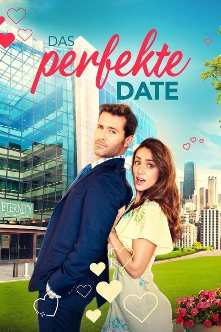 Das Filmplakat für „Das perfekte Date“ zeigt ein Paar vor einer Skyline.