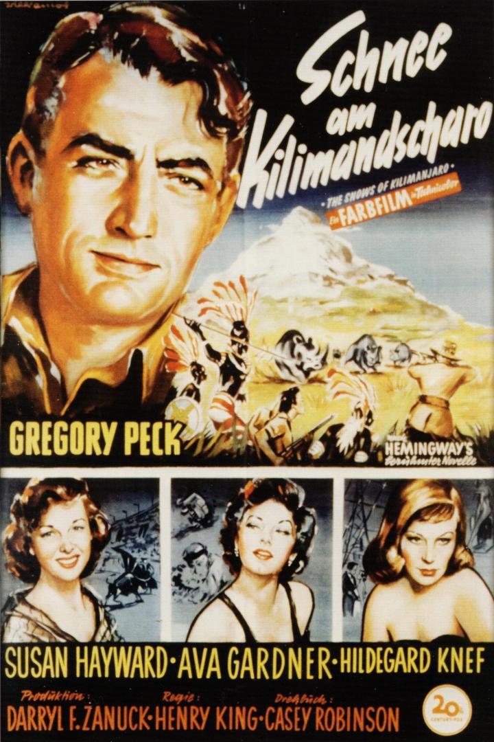 Das Filmplakat für „Schnee am Kilimandscharo“ mit Gregory Peck, Susan Hayward, Ava Gardner und Hildegard Knef.
