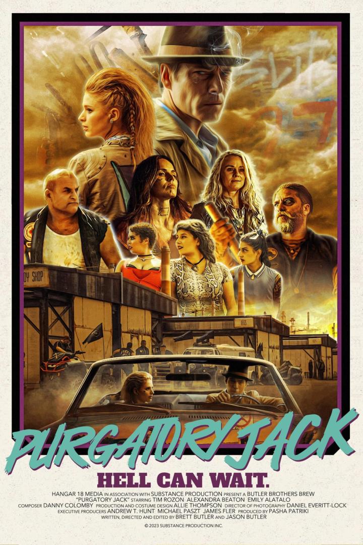 Das Filmplakat für „Purgatory Jack“ zeigt eine Gruppe von Personen vor einer Werkstatt.