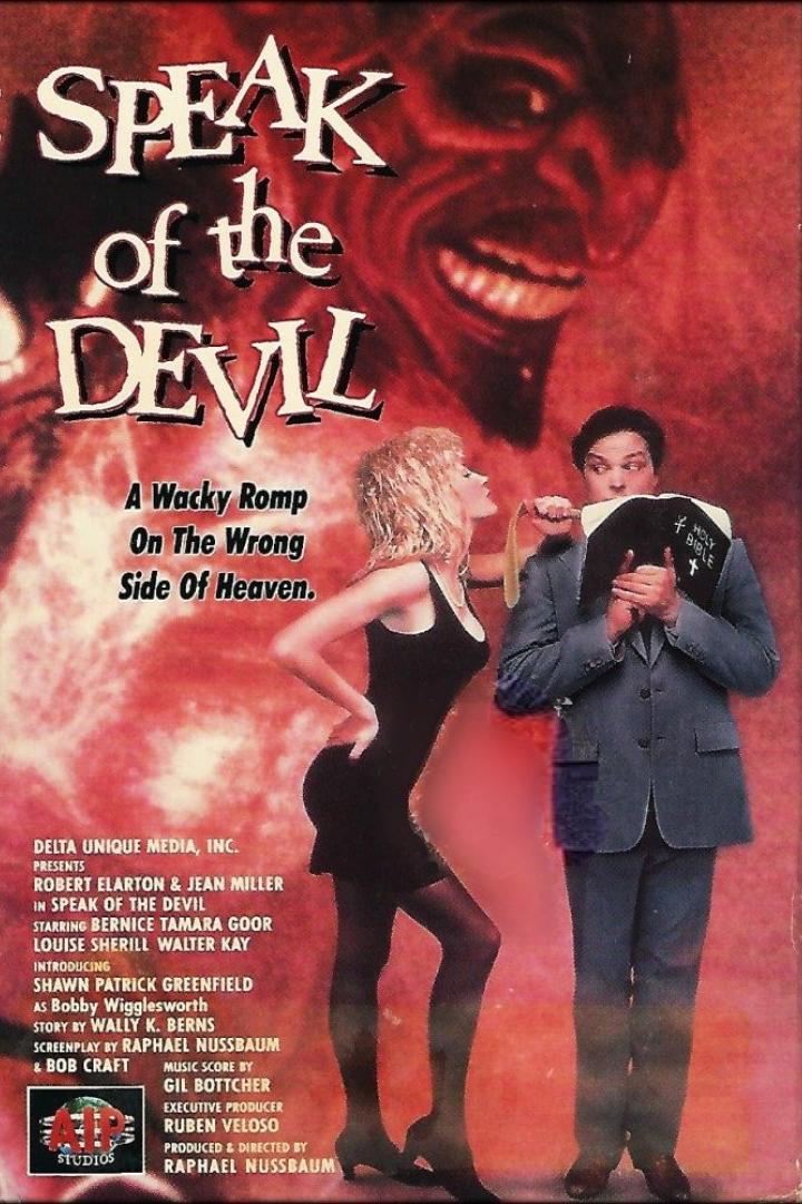 Das Filmplakat für „Speak of the Devil“ zeigt eine Frau, einen Mann mit Bibel und ein Teufelsgesicht.