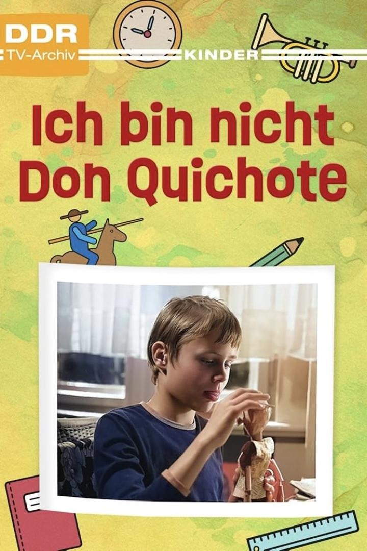 Ein Junge spielt mit einer Marionette vor dem Hintergrund des Covers von „Ich bin nicht Don Quichote“.