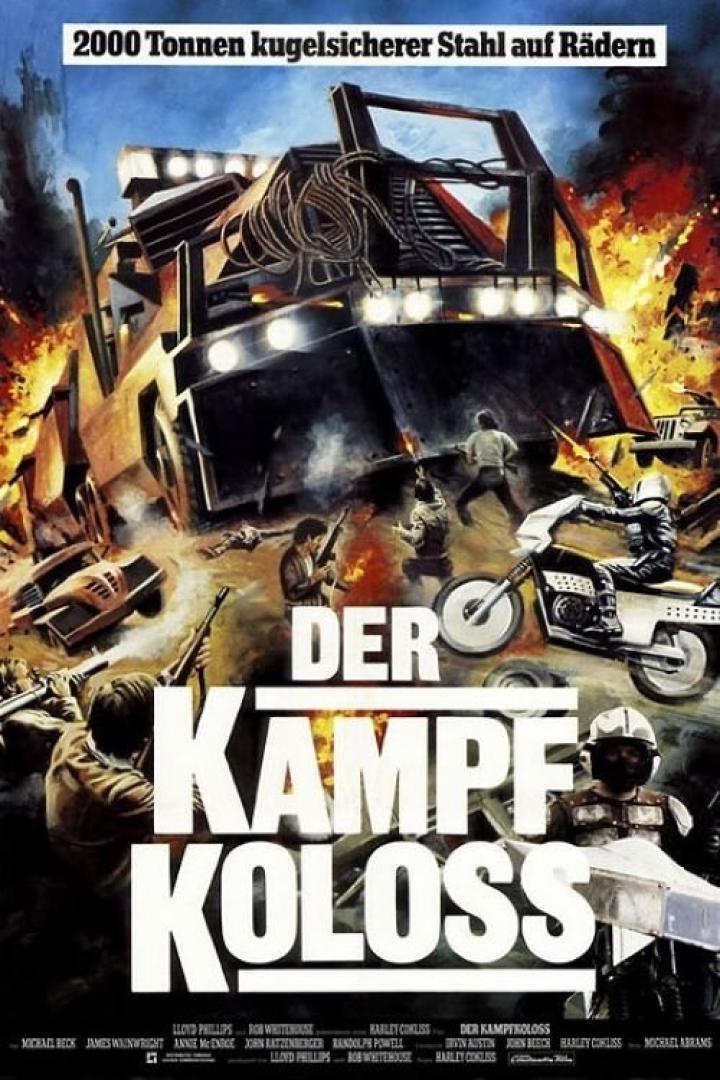 Das Filmplakat für „Der Kampfkoloss“ zeigt einen riesigen, gepanzerten Truck in einer dystopischen Schlachtszene.