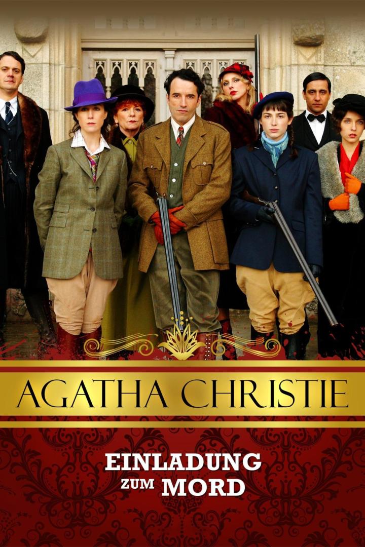 Das Filmplakat zu Agatha Christies „Einladung zum Mord“ zeigt eine Gruppe bewaffneter Personen vor einem Herrenhaus.