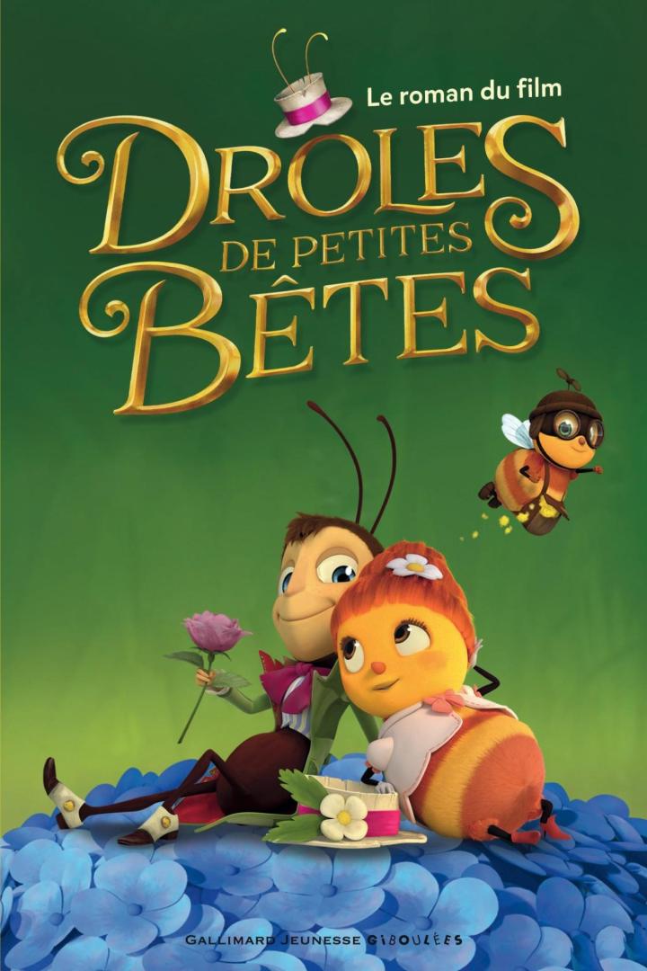 Das Buchcover von „Droles de Petites Bêtes“ zeigt animierte Insekten auf blauen Blüten.