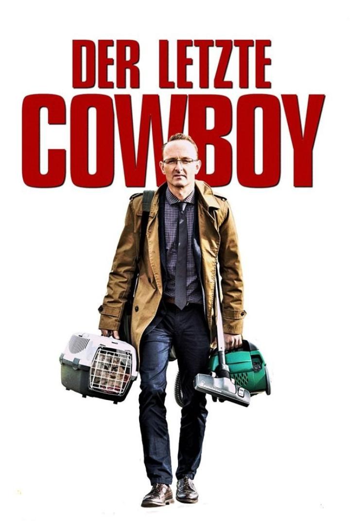 Ein Mann mit Katze in einer Transportbox und einem Staubsauger vor dem Filmtitel „Der letzte Cowboy“.