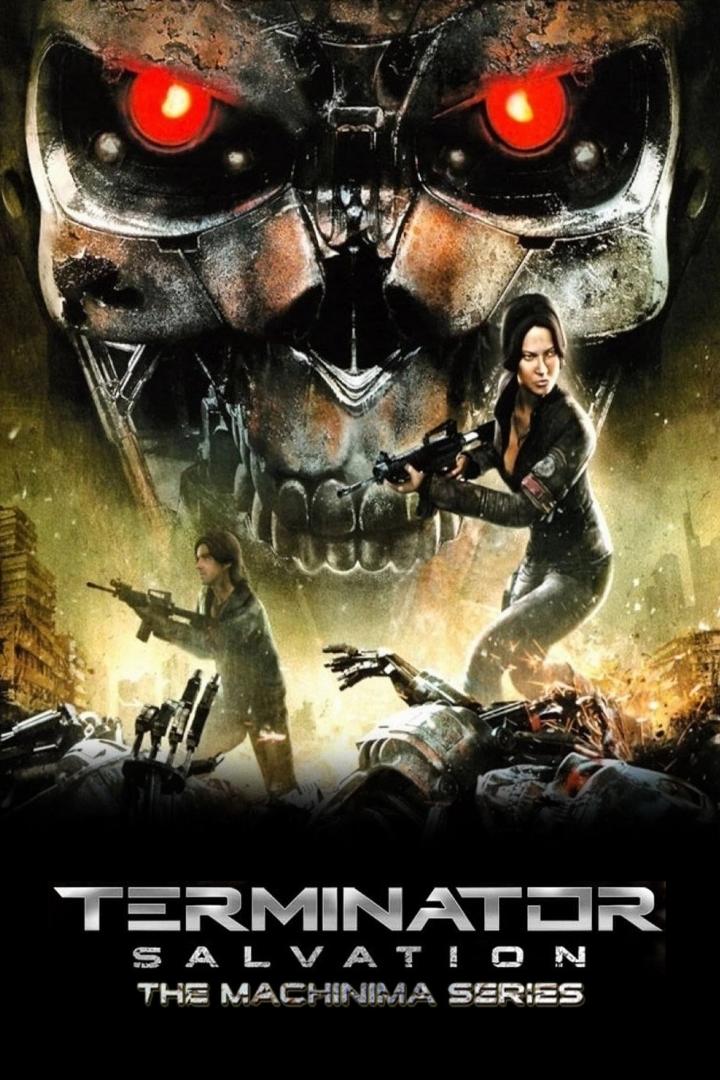 Das Poster für „Terminator Salvation: The Machinima Series“ zeigt Kämpfer und einen Terminator-Schädel.