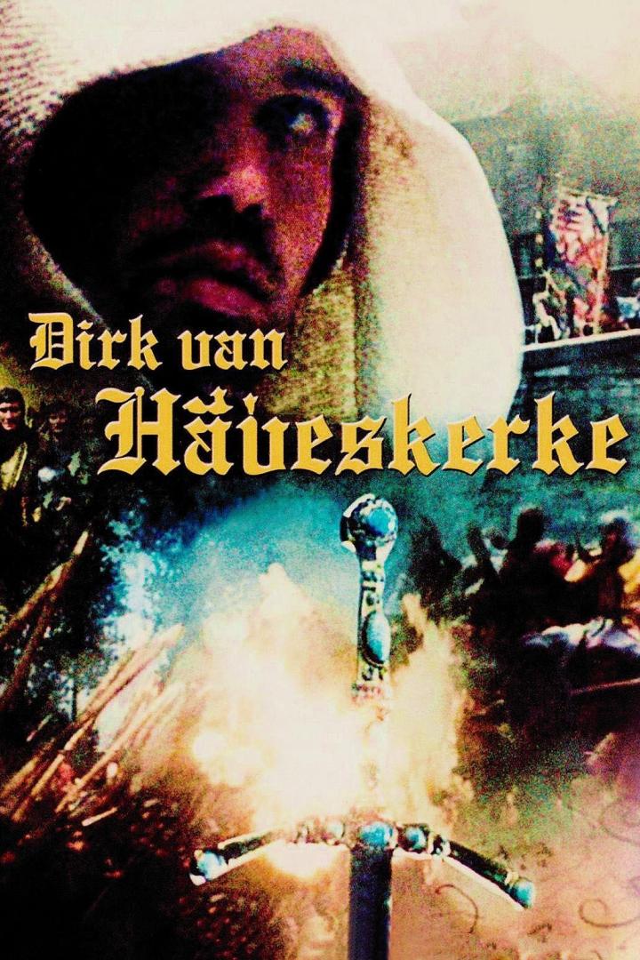 Ein Filmposter für „Dirk van Haveskerke“ mit einem Mann in einer Kapuze und einem Schwert.