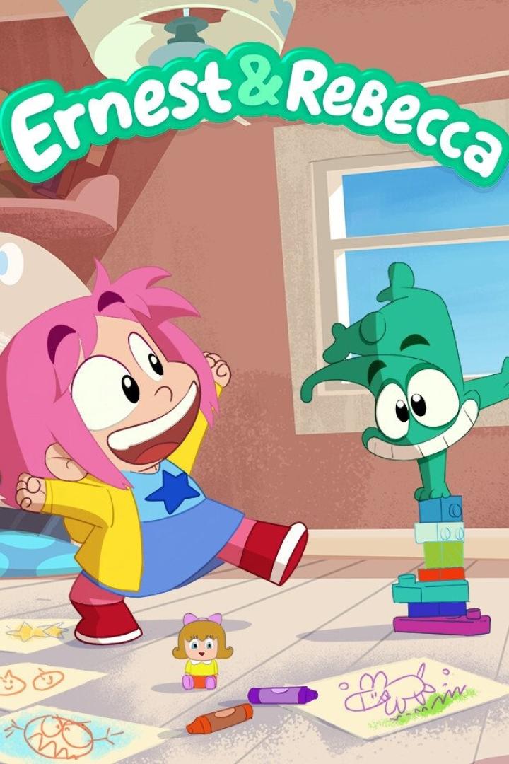 Szene aus der Zeichentrickserie „Ernest & Rebecca“ mit Rebecca und einem grünen Monster.