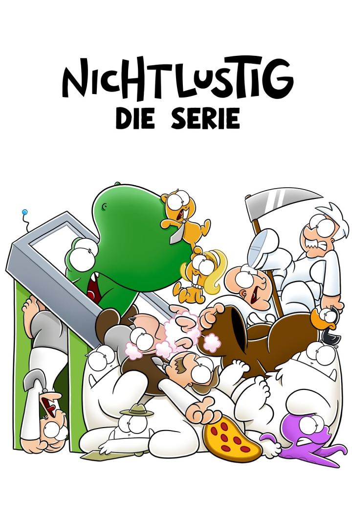 Das Cover der Serie „Nichtlustig“ zeigt eine Gruppe von Comicfiguren, darunter ein grünes Nilpferd und ein Sensenmann.