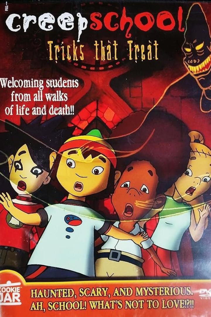 Das Cover von „Creepschool: Tricks that Treat“ zeigt vier erschrockene Kinder und ein grinsendes Monster.