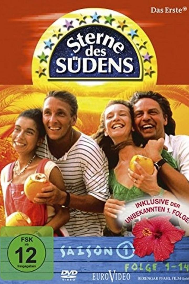 Das DVD-Cover der ersten Staffel von „Sterne des Südens“ zeigt vier lächelnde Personen mit Kokosnüssen.
