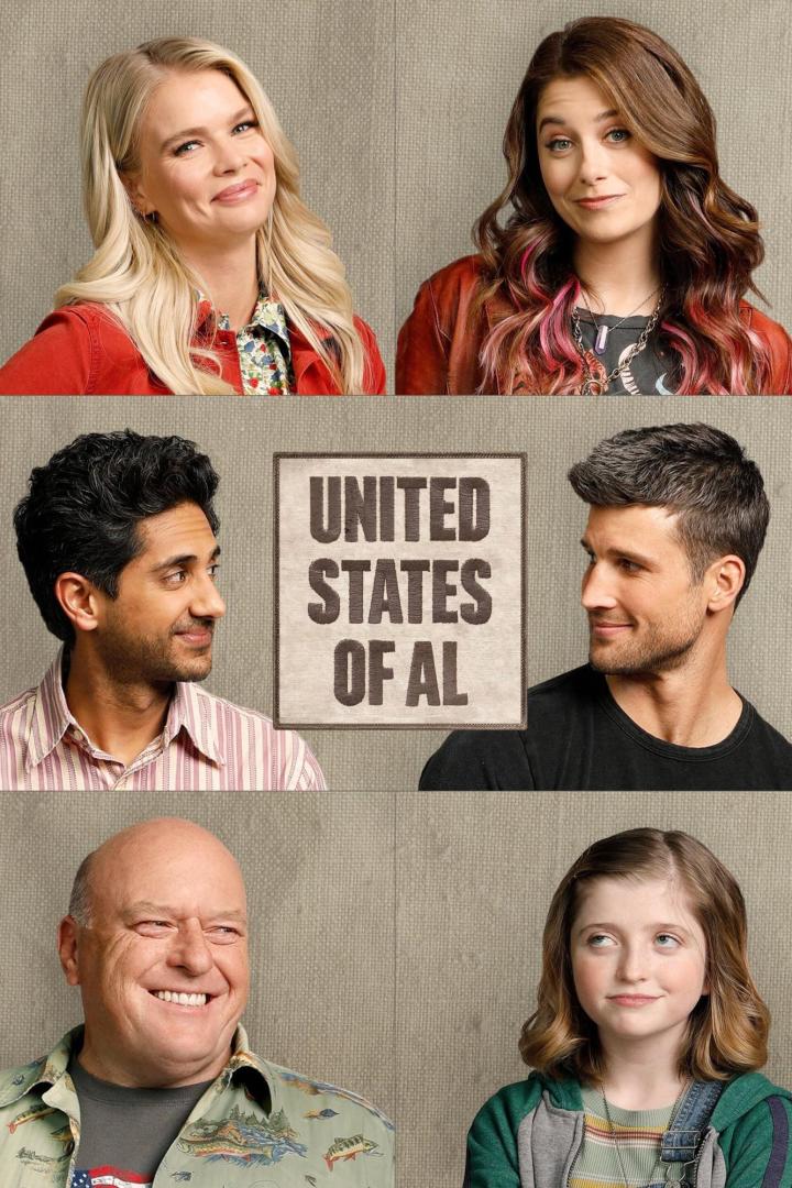 Das Ensemble der Fernsehserie „United States of Al“ vor dem Hintergrund des Serientitels.
