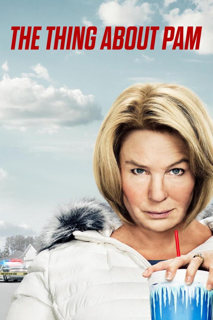 Das Filmplakat für „The Thing About Pam“ zeigt Renée Zellweger mit einem Getränk vor einem Tatort.