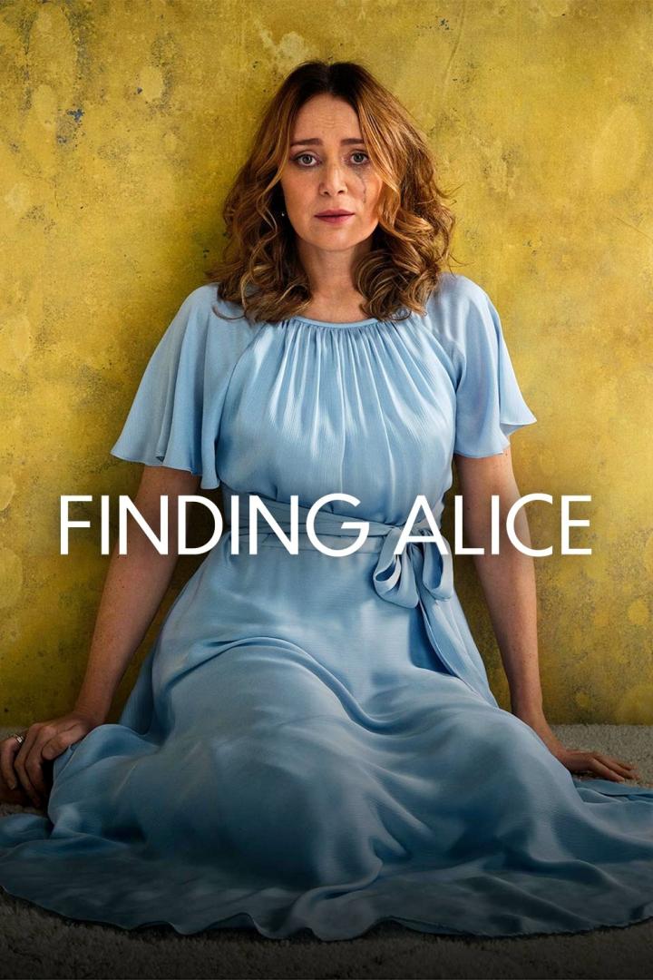 Eine Frau im blauen Kleid sitzt vor einer gelben Wand, Tränen im Gesicht, Titel „Finding Alice“.