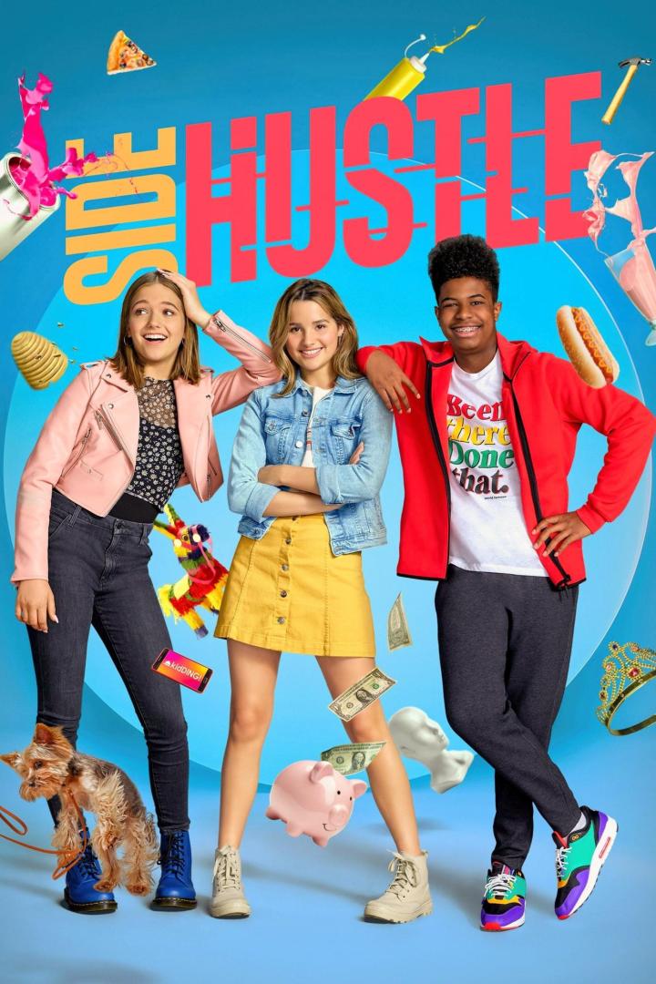 Das Poster für „Side Hustle“ zeigt drei Teenager umgeben von Requisiten, die ihre verschiedenen Geschäfte repräsentieren.