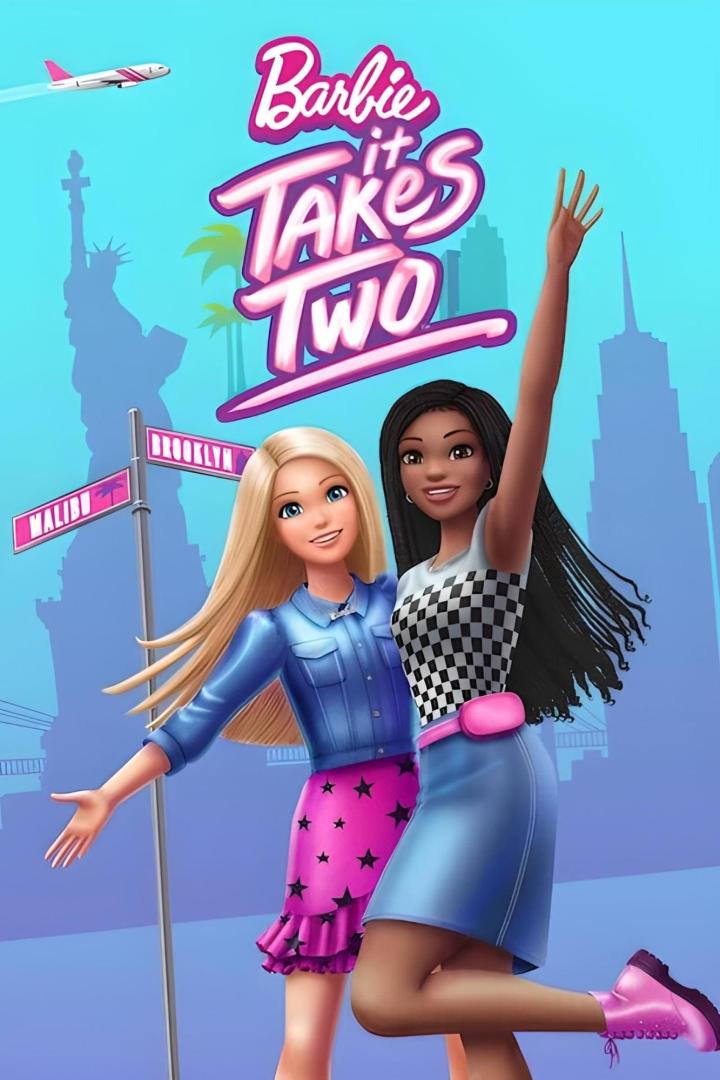 Zwei animierte Barbie-Figuren vor einer Skyline mit Freiheitsstatue und dem Schriftzug „Barbie It Takes Two“.