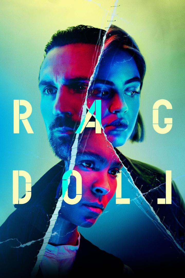 Das Poster für die Fernsehserie „Ragdoll“ zeigt drei Gesichter, die durch Risse getrennt sind.