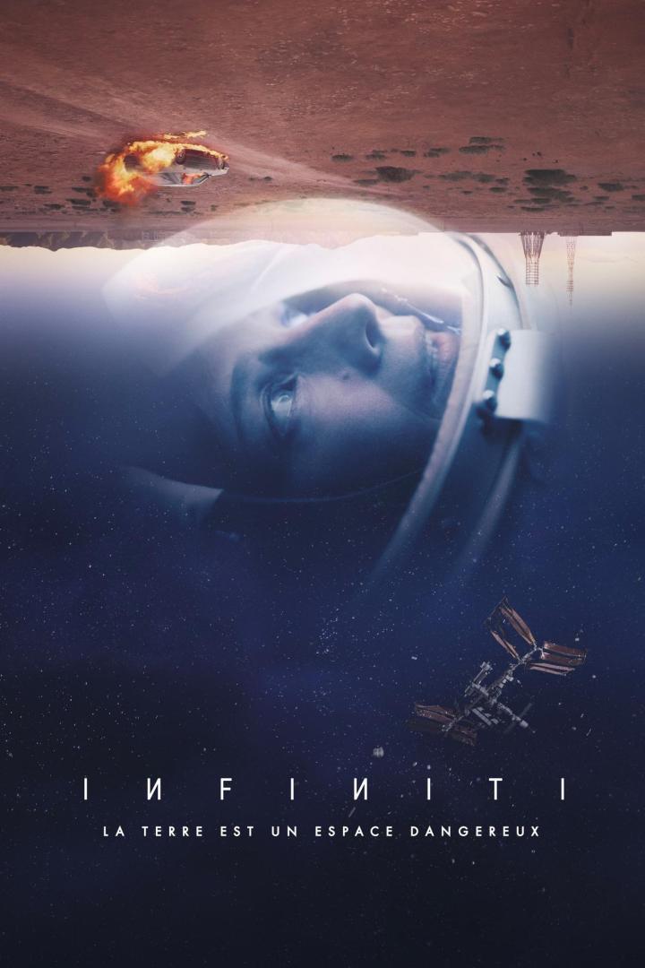 Ein Astronaut im Weltraum, gespiegelt mit einer brennenden Landschaft und dem Titel „Infiniti“.