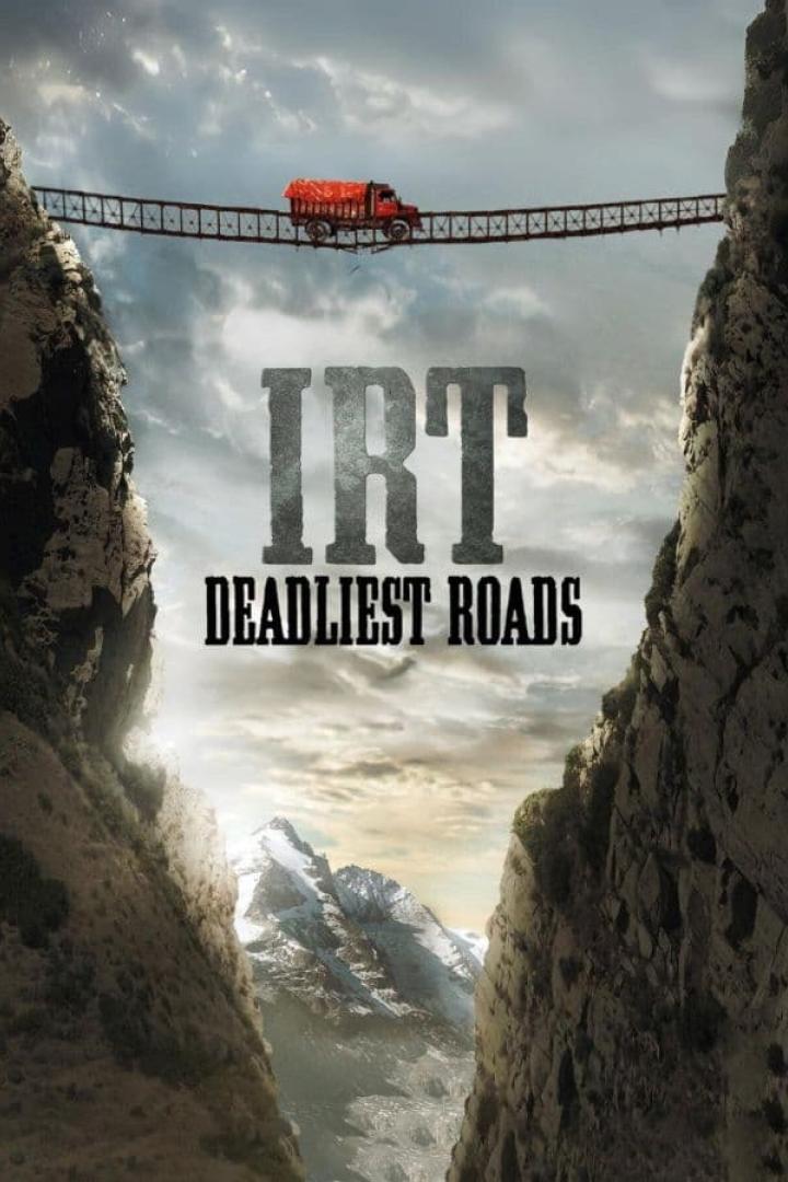 Ein roter LKW fährt über eine gefährliche Brücke in der Landschaft; Titelbild für „IRT Deadliest Roads“.