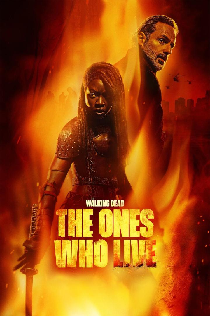 Das Poster für „The Walking Dead: The Ones Who Live“ zeigt Michonne und Rick Grimes vor einem orangefarbenen Hintergrund.