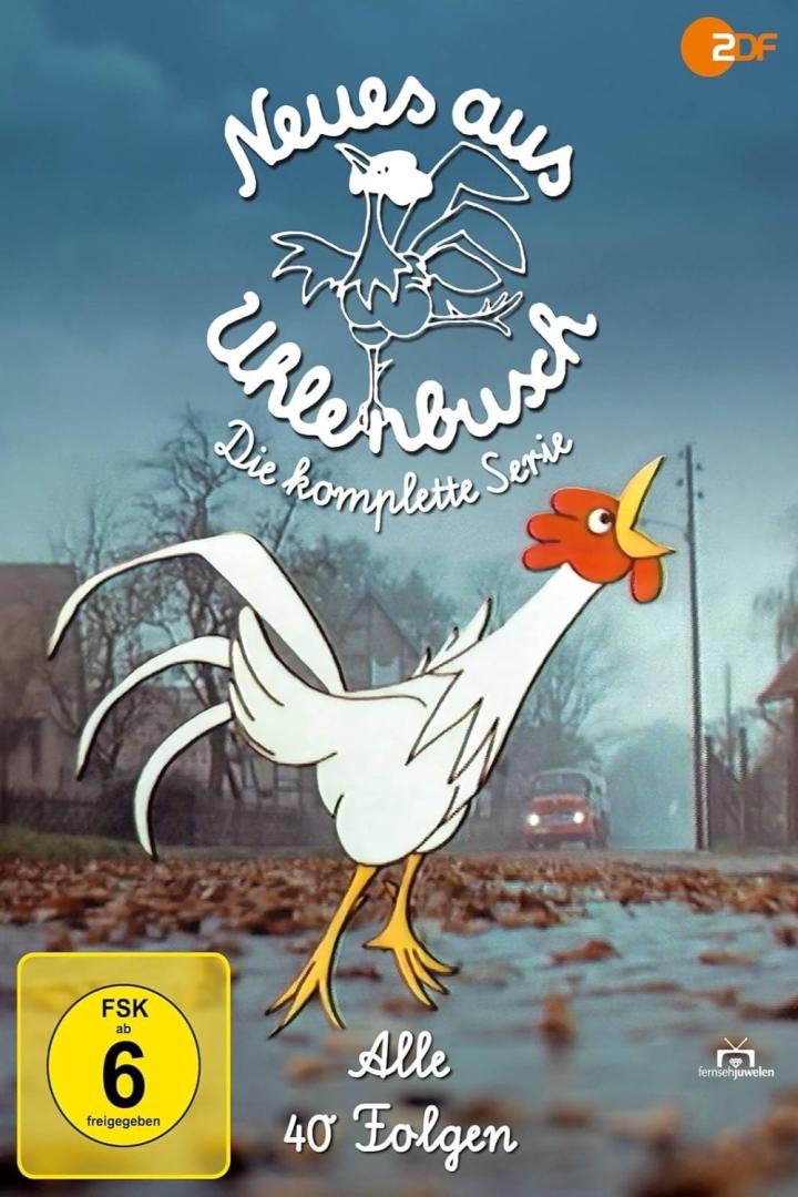 Cover der Zeichentrickserie „Neues aus Uhlenbusch“ mit einem Hahn im Vordergrund.