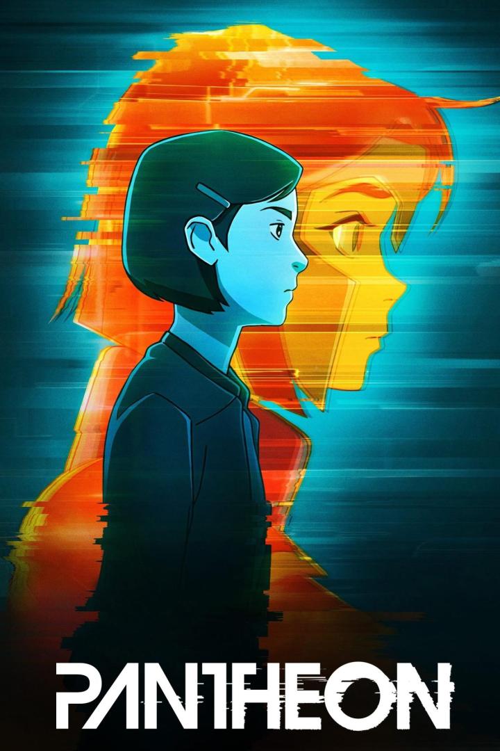 Das animierte Poster für „Pantheon“ zeigt ein junges Mädchen vor einem orangefarbenen, verzerrten Profil.