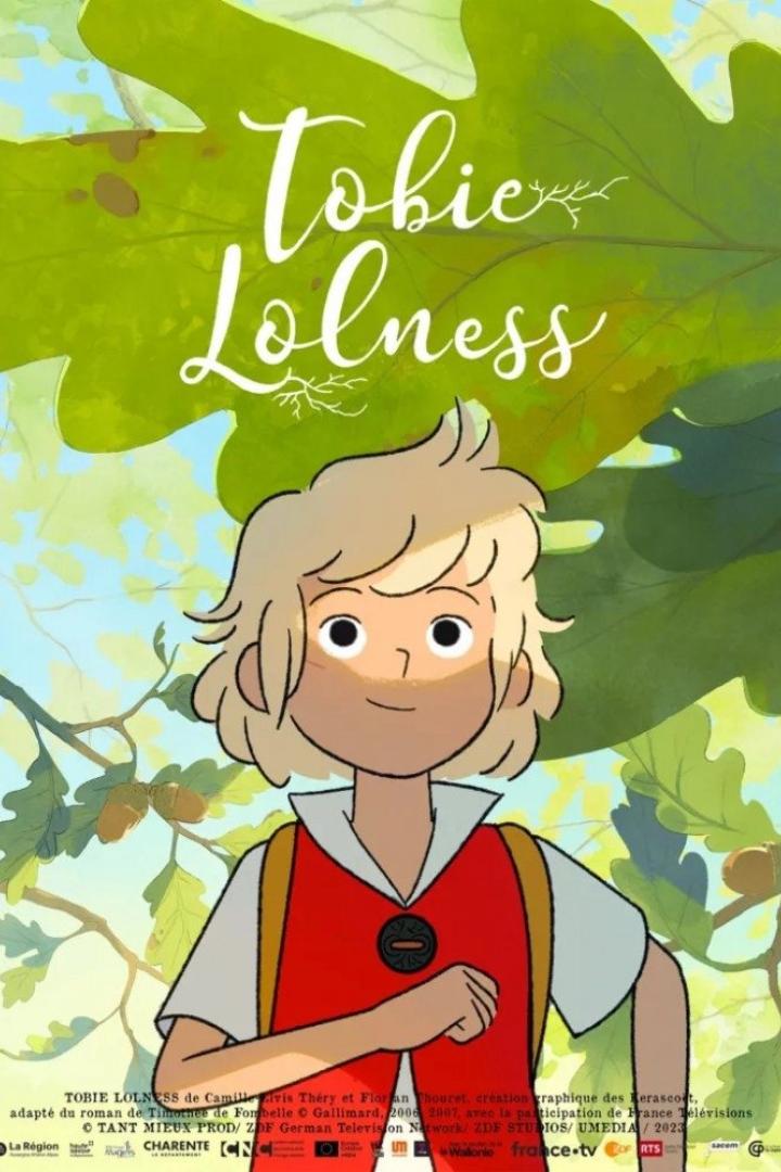 Das animierte Filmplakat für „Tobie Lolness“ zeigt den jungen Protagonisten vor einem Eichenblatt.