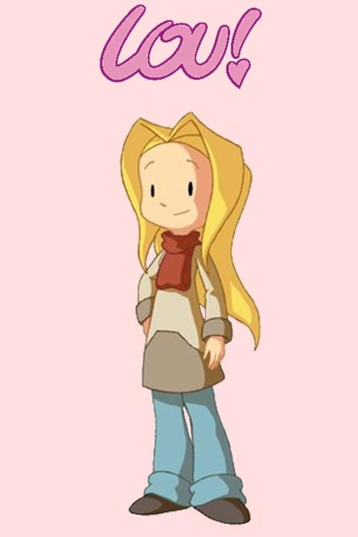 Die Comicfigur Lou mit blonden Haaren und einem roten Schal vor einem rosa Hintergrund.