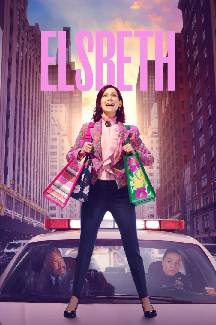 Das Poster für die Fernsehserie „Elsbeth“ zeigt Carrie Preston, die auf einem Polizeiauto in New York steht.