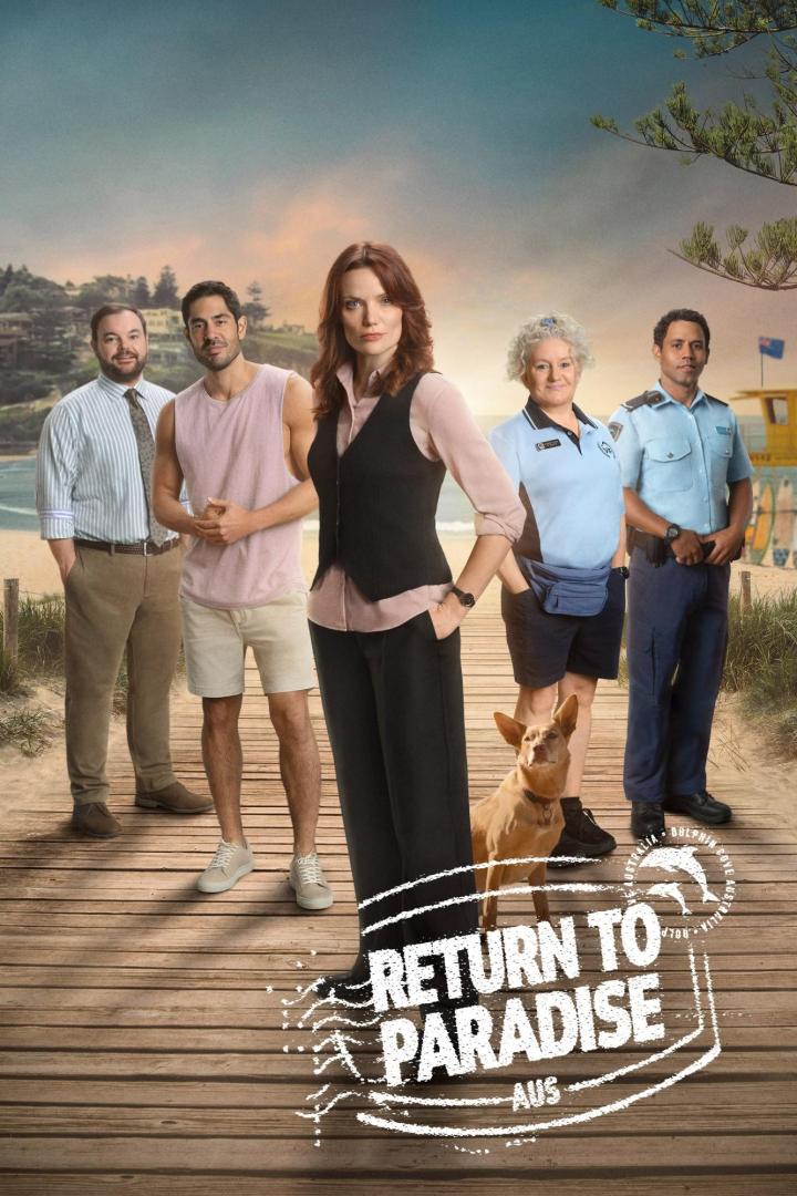 Das Filmplakat für „Return to Paradise“ zeigt eine Gruppe von Personen und einen Hund am Strand.