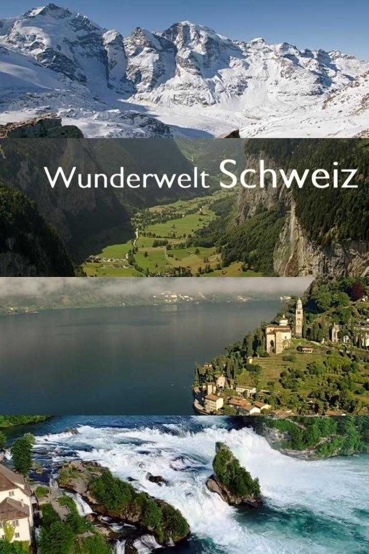 Die Schweizer Landschaft zeigt schneebedeckte Berge, ein grünes Tal, einen See und einen Wasserfall.