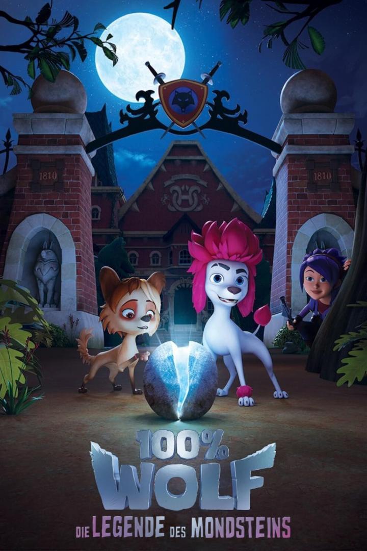 Szene aus dem Animationsfilm „100% Wolf: Die Legende des Mondsteins“ mit drei Charakteren vor einem Internat.