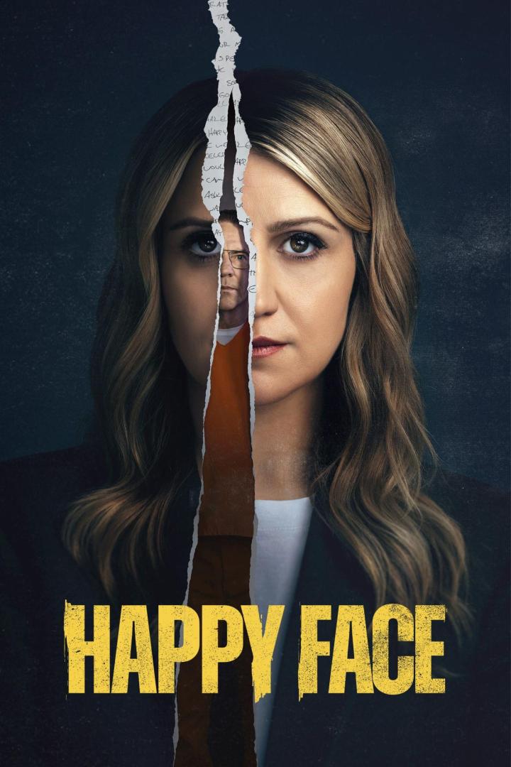 Das Poster für „Happy Face“ zeigt eine Frau, deren Gesicht teilweise von einem Foto eines Mannes im Gefängnis überlagert wird.