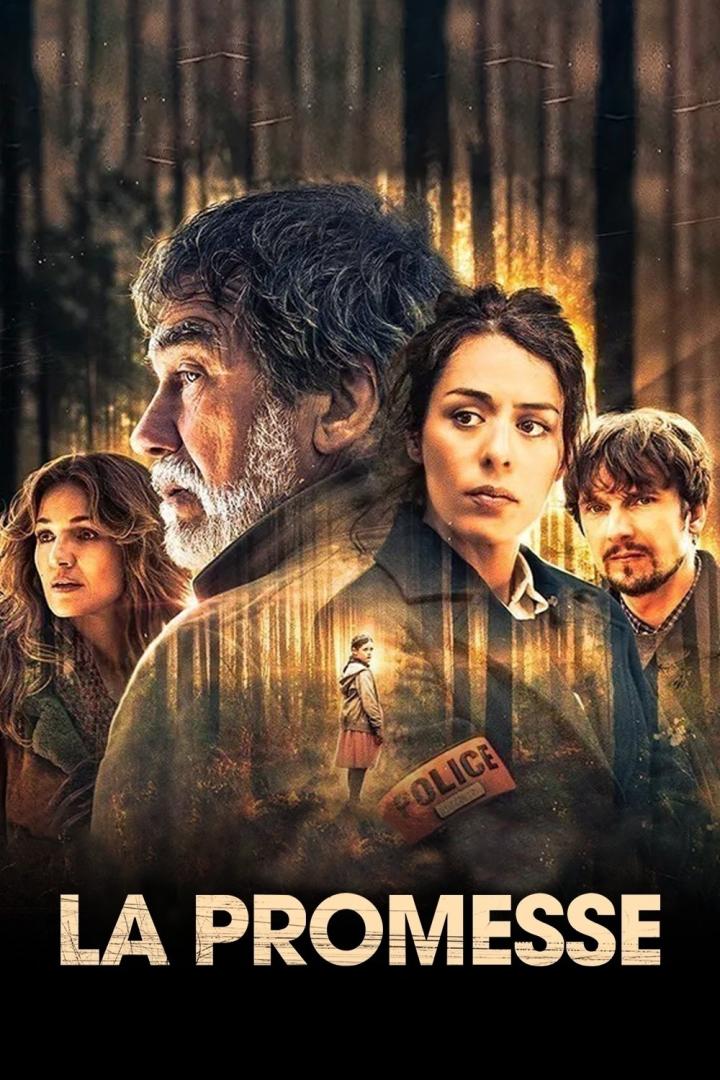 Das Filmplakat für „La Promesse“ zeigt vier Personen und ein Mädchen im Wald.