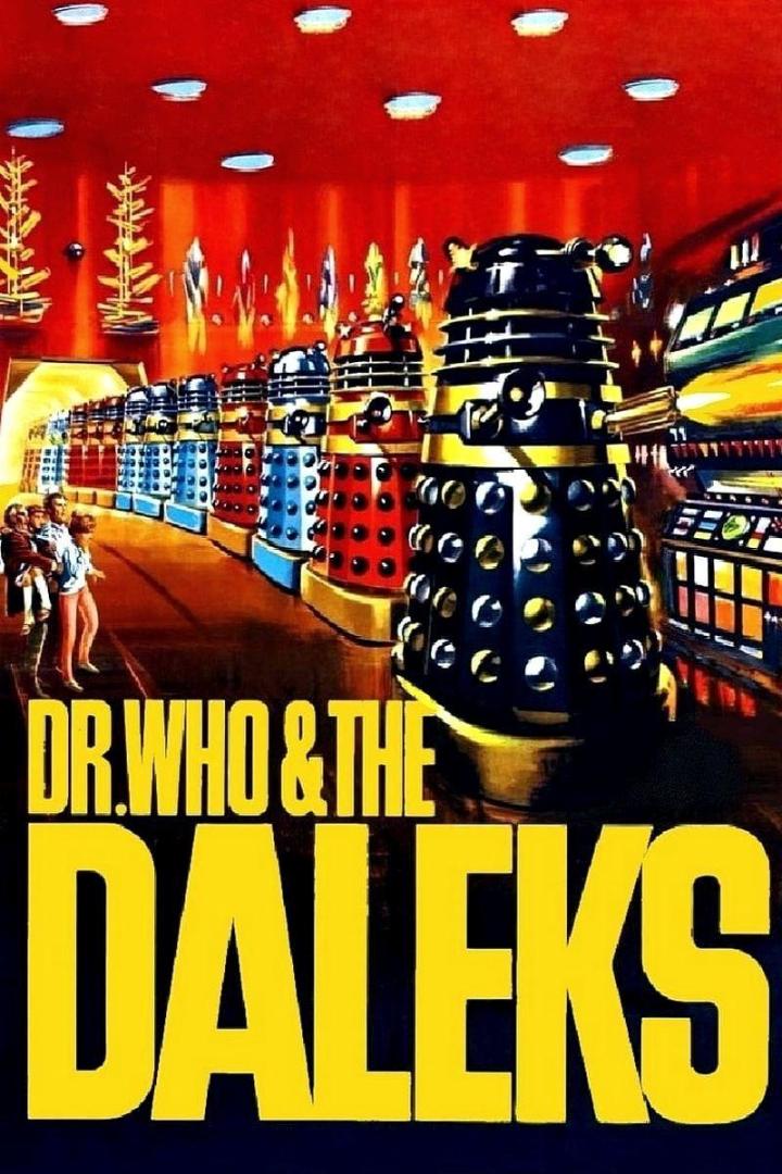 Das Filmplakat für „Dr. Who & The Daleks“ zeigt eine Reihe von Daleks in einem futuristischen Korridor.