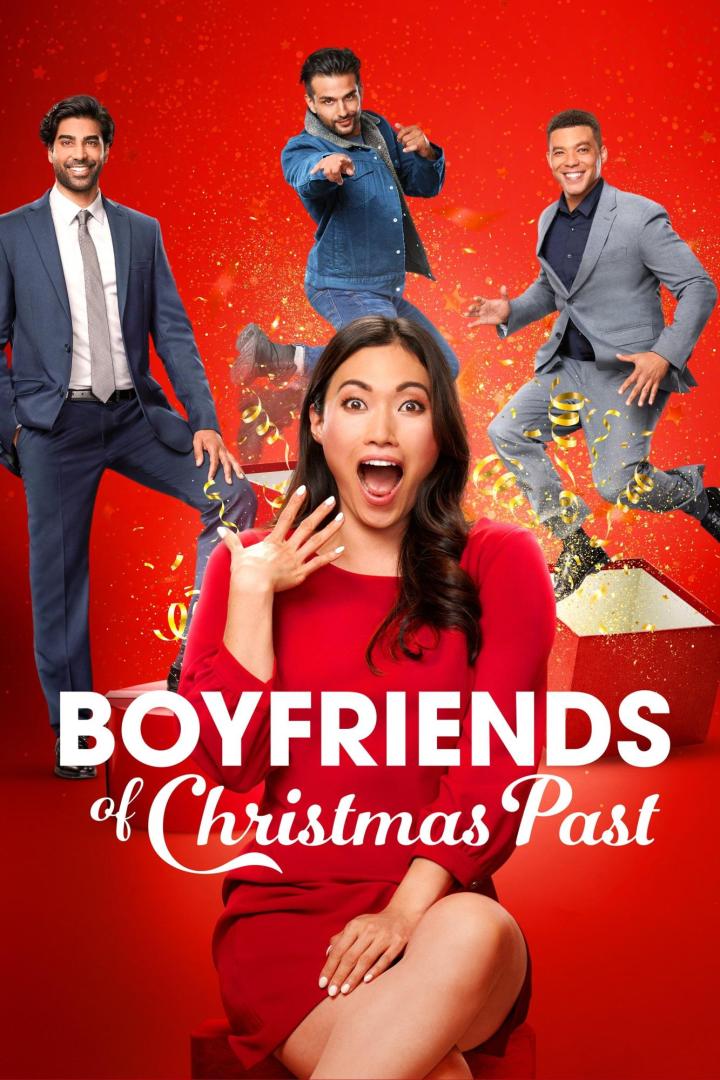 Das Filmplakat zu „Boyfriends of Christmas Past“ zeigt eine überraschte Frau und drei tanzende Männer vor rotem Hintergrund.