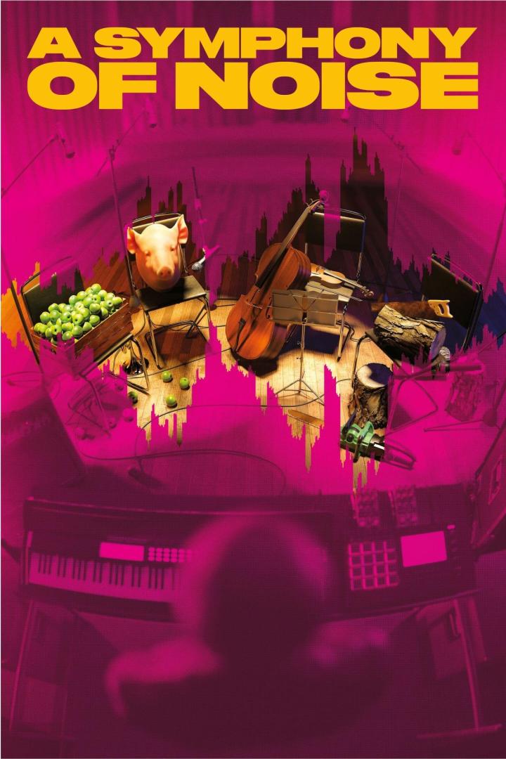 Das Poster für „A Symphony of Noise“ zeigt ein Cello, ein Klavier und einen Schweinekopf.