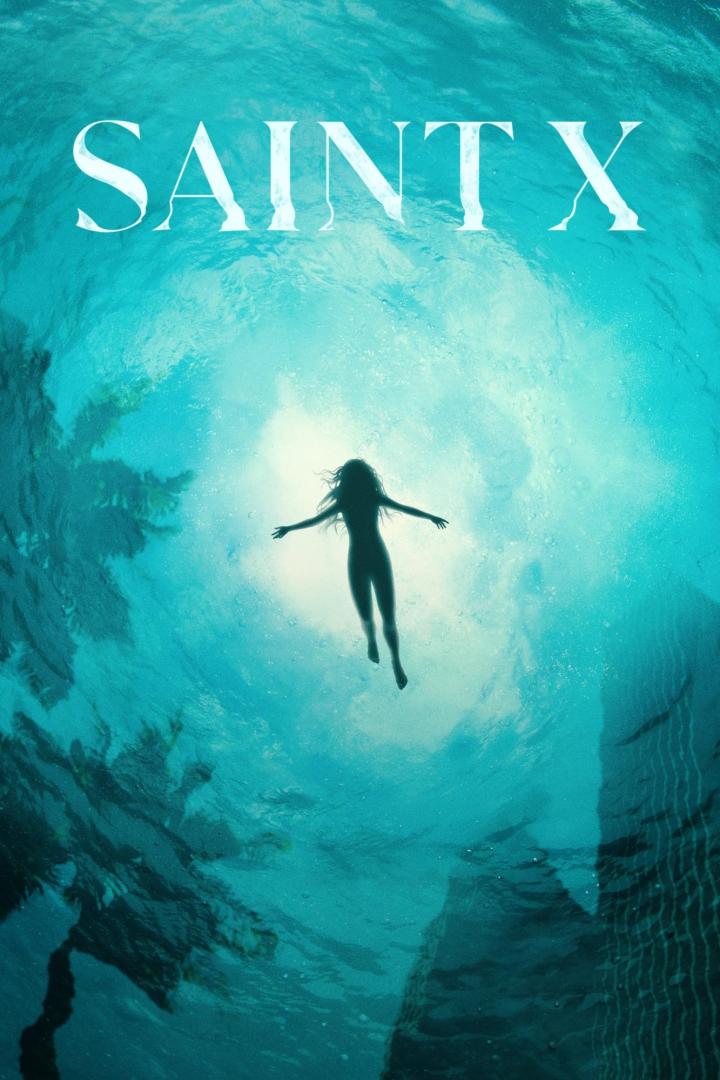 Eine Frau schwimmt unter Wasser; im Hintergrund der Titel „Saint X“.