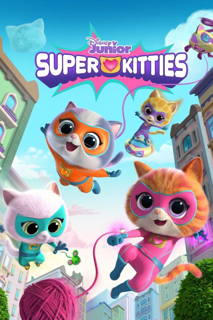 Das Poster für „SuperKitties“ von Disney Junior zeigt vier animierte Katzen in Superheldenkostümen vor einer Stadtkulisse.