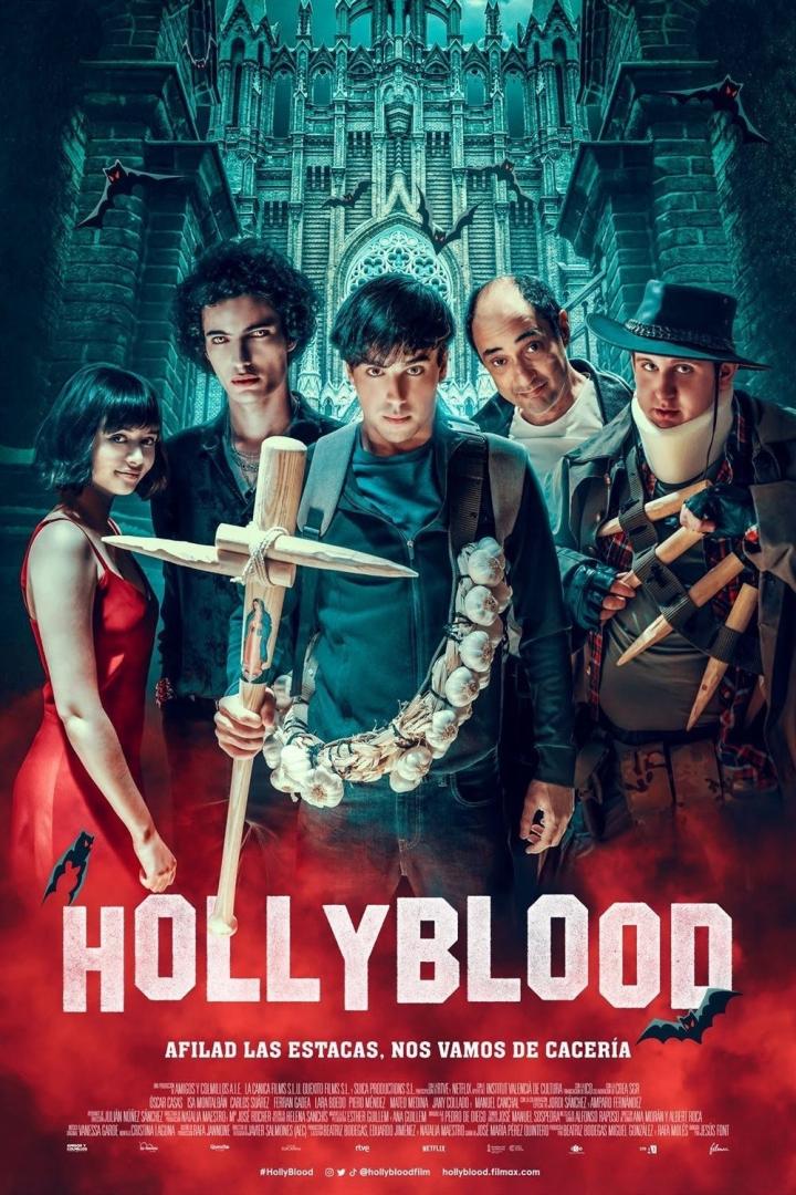 Das Filmplakat zu „Hollyblood“ zeigt eine Gruppe junger Vampirjäger vor einer gotischen Kathedrale.