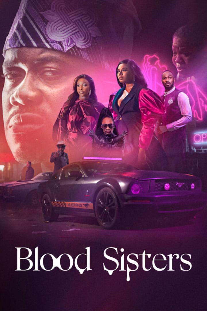Das Filmplakat für „Blood Sisters“ zeigt mehrere Schauspieler und einen Ford Mustang vor einem violetten Hintergrund.