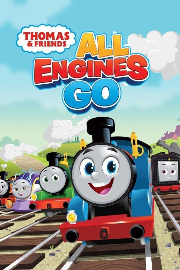 Das Titelbild der Kinderserie „Thomas & Friends: All Engines Go“ mit den animierten Zügen.