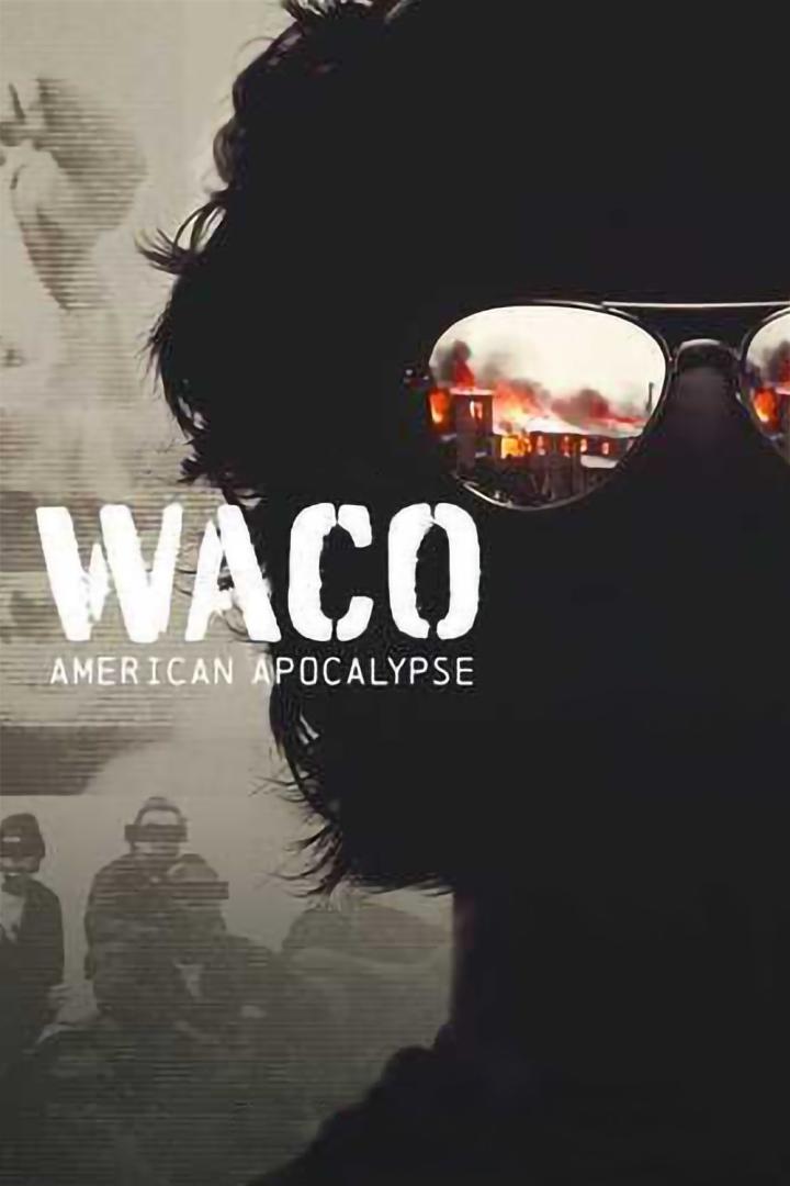 Das Filmplakat für „Waco: American Apocalypse“ zeigt eine brennende Siedlung in einer Sonnenbrille.