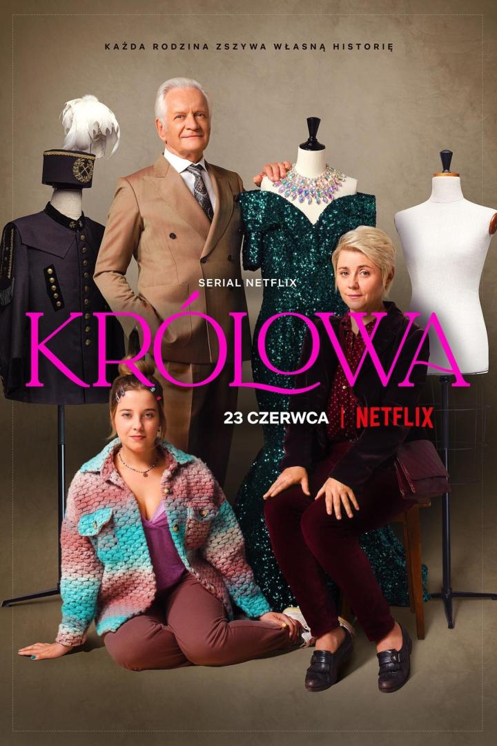 Das Filmplakat für die Netflix-Serie „Królowa“ zeigt drei Schauspieler und Kostüme.