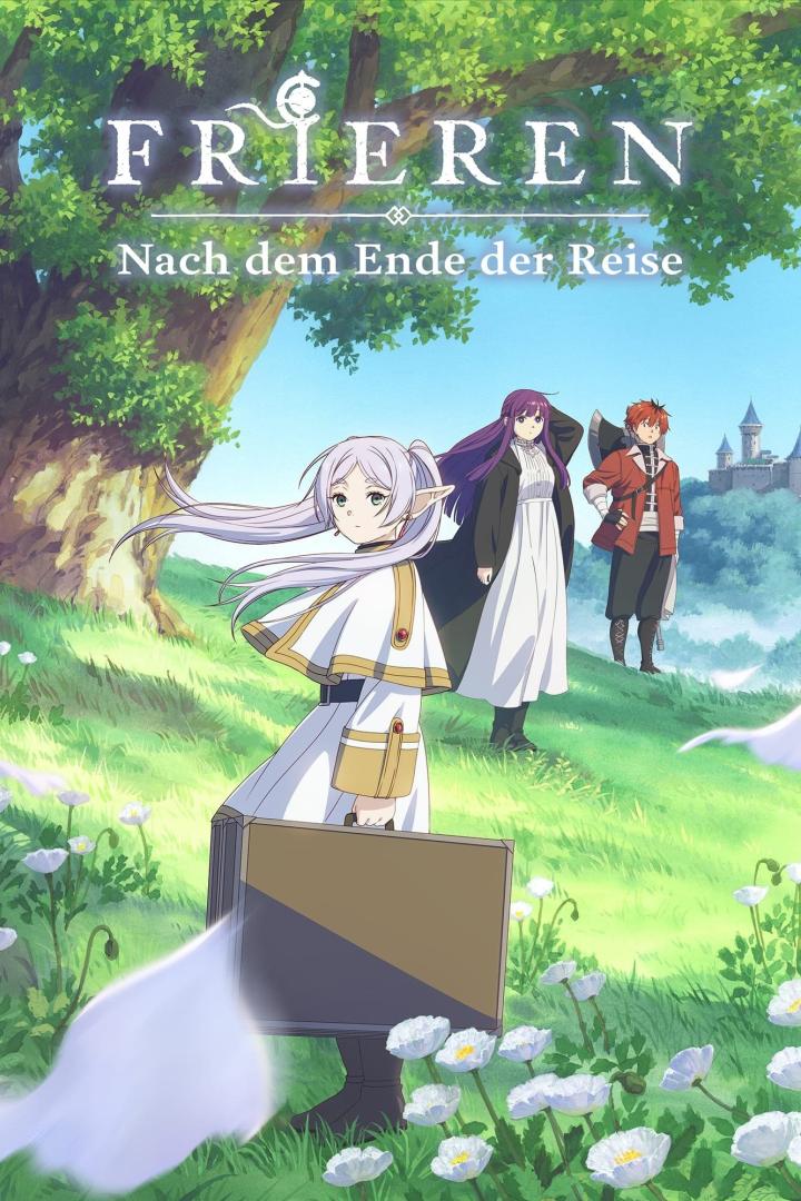 Das Anime-Poster für „Frieren: Nach dem Ende der Reise“ zeigt Frieren mit einer Reisegruppe vor einer Burg.