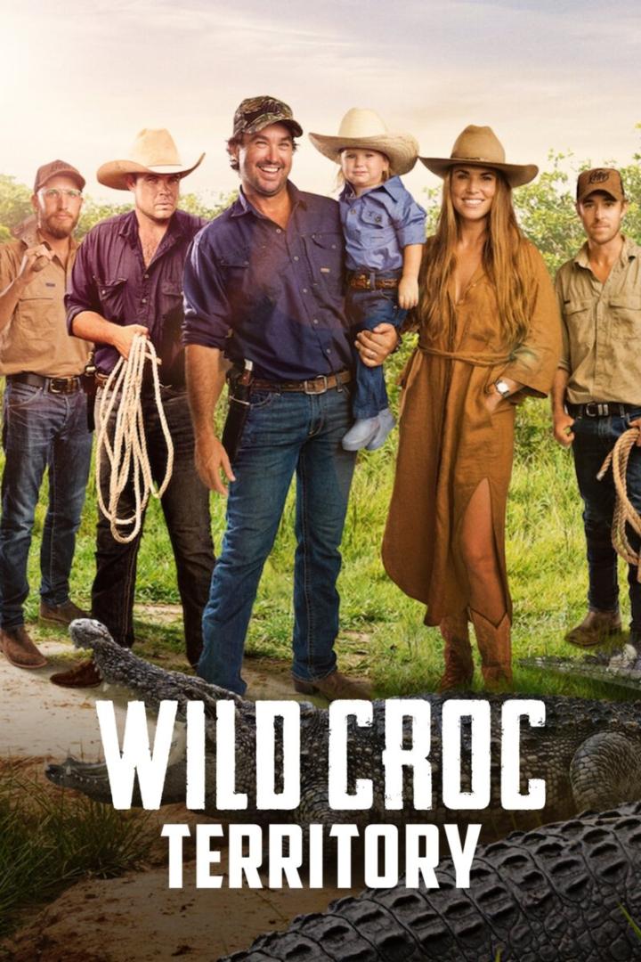 Das Filmplakat für „Wild Croc Territory“ zeigt eine Gruppe von Personen und ein Krokodil.