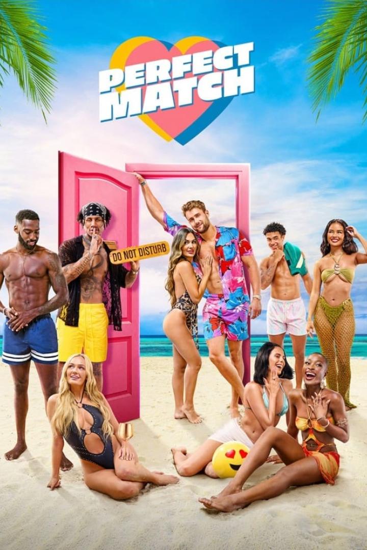Das Werbeplakat für die Netflix-Dating-Show „Perfect Match“ zeigt eine Gruppe attraktiver Menschen am Strand.