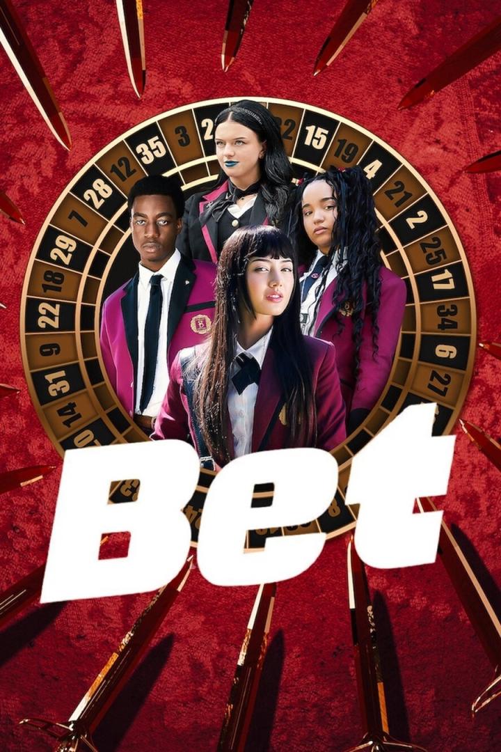 Das Poster für den Film „Bet“ zeigt eine Gruppe von Schülern vor einem Rouletterad und Schwertern.