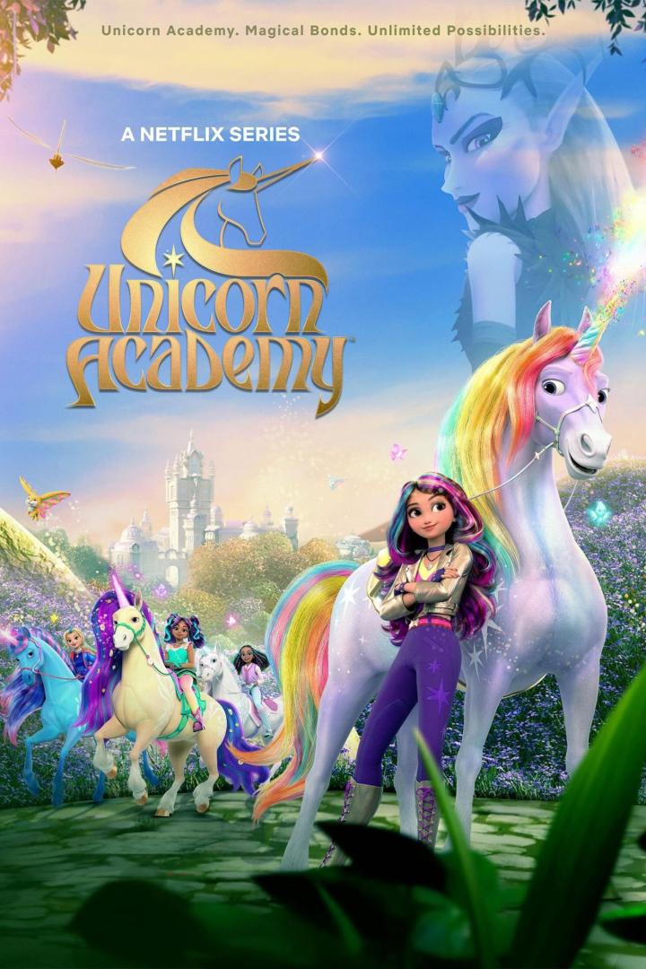 Das Poster für die Netflix-Serie „Unicorn Academy“ zeigt Mädchen und Einhörner vor einer Schlosskulisse.